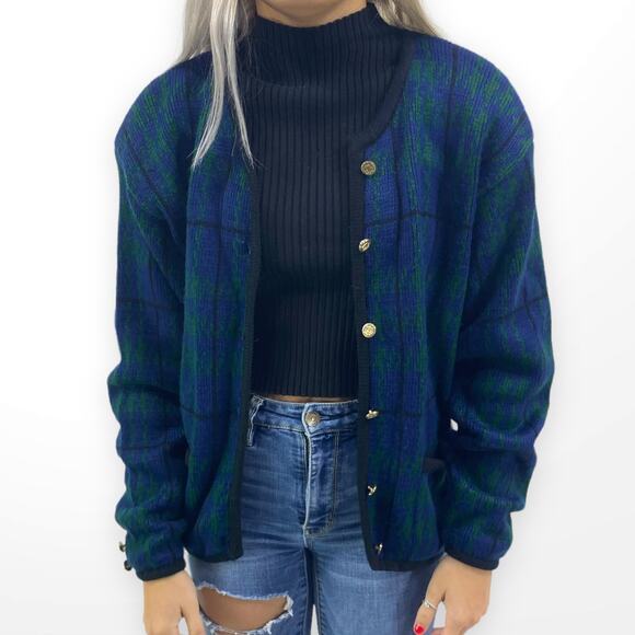 90s TALLY HO Green and Blue Plaid Gold Button Accent Button Up Cardigan - Picture 7 of 7